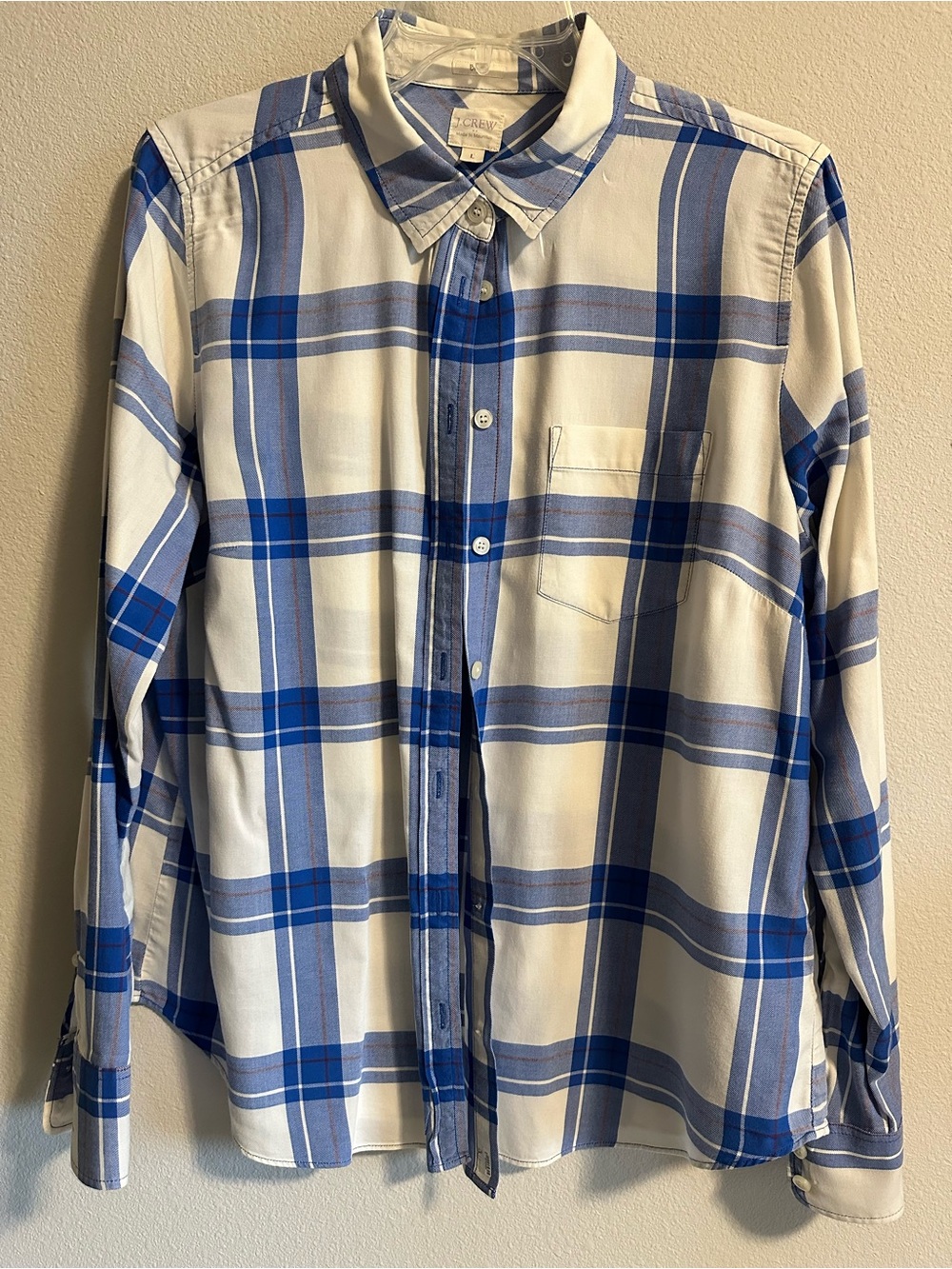 J. Crew Women’s Boy Fit Blue and White Plaid Button-Up Shirt size L 100% cotton